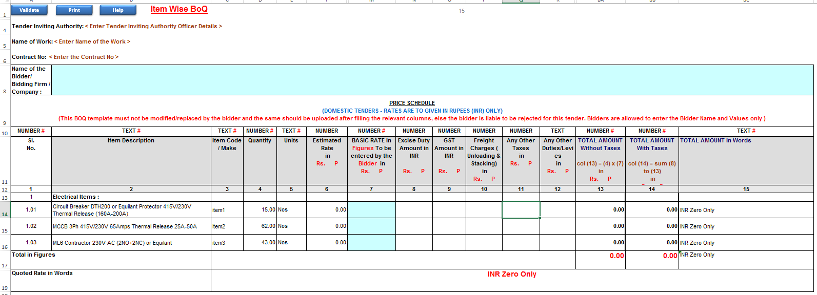 Item Wise BoQ template for tender