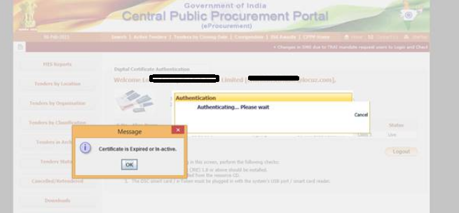 Certificate is Expired or Inactive on e-tender site