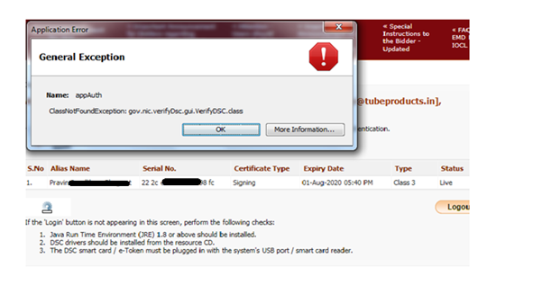 ClassNotFoundException:gov.nic.verfiyDsc.gui.VerifyDSC.class error on login on eprocurement portal