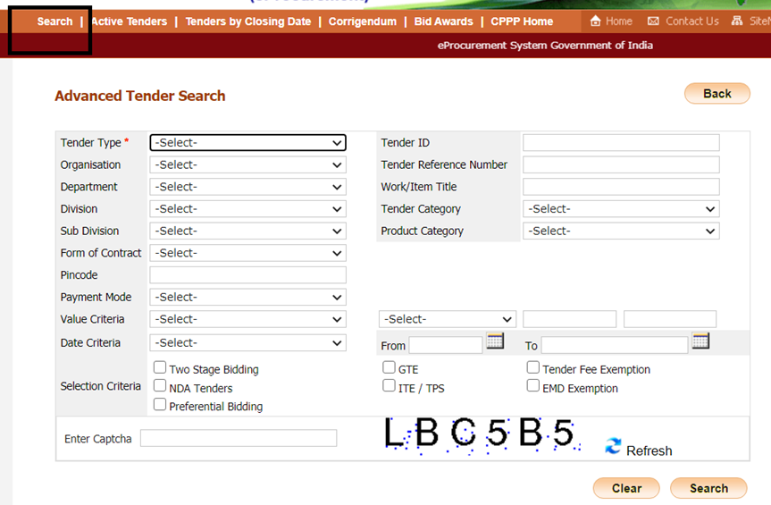 how to Search in e tender